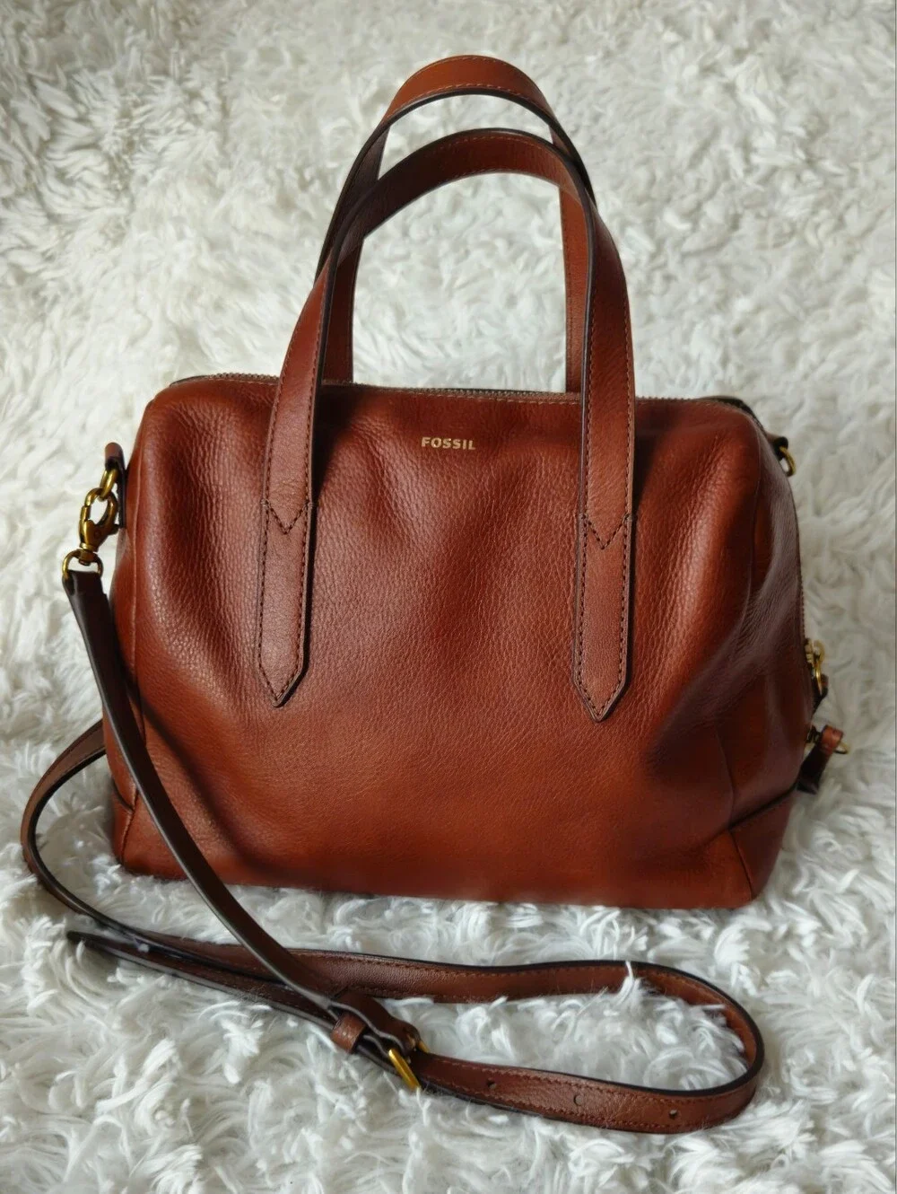 Fossil Sydney Brown Pebbled Leather Satchel Bag - Convertible Crossbody